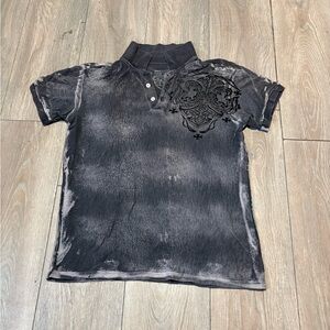 Men’s Affliction Style Gray Graphic Polo Short Sleeve Size Large